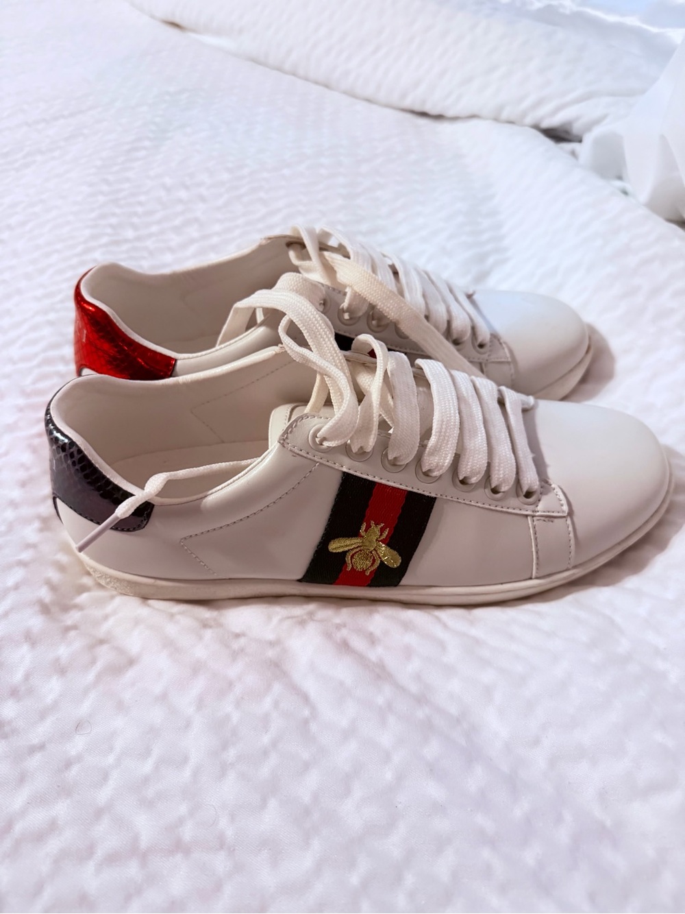 Women's White Sneakers with Green and Red Stripe - Picture 5 of 6